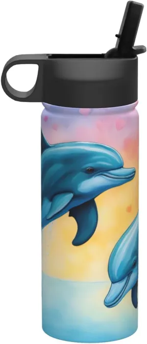 Dolphins in Love Print Flask Stainless Steel Water Bottle with Straw 18OZ FOR Outdoor Gym Commute