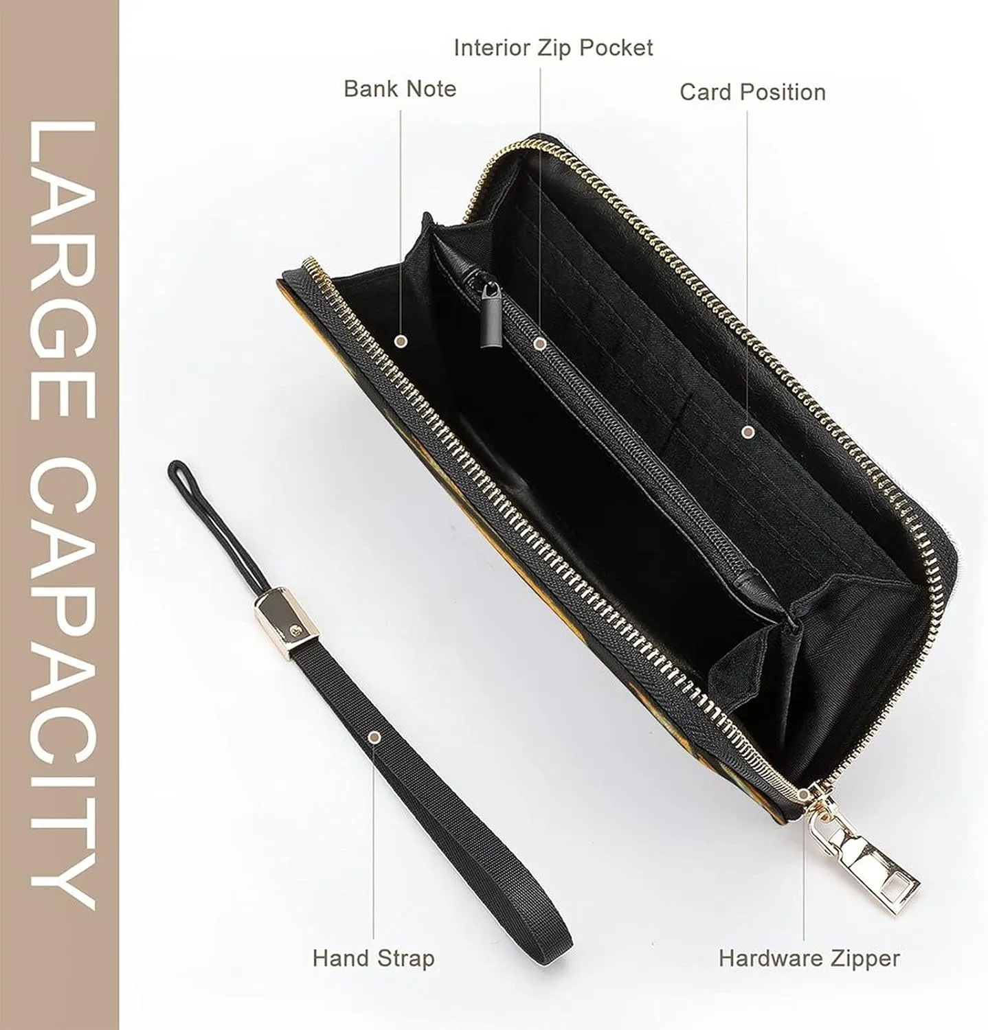 Donnapink Long Clutch Wallet, Long Handbag with Wristlet Strap, PU Leather Zip Purse
