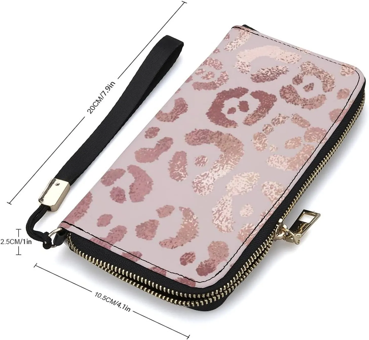 Donnapink Rose Gold Leopard Skin Long Clutch Wallet, Long Handbag with Removable Wristlet Strap, PU Leather Zip Purse, Credit Pass Case Card-Holder for Men Women