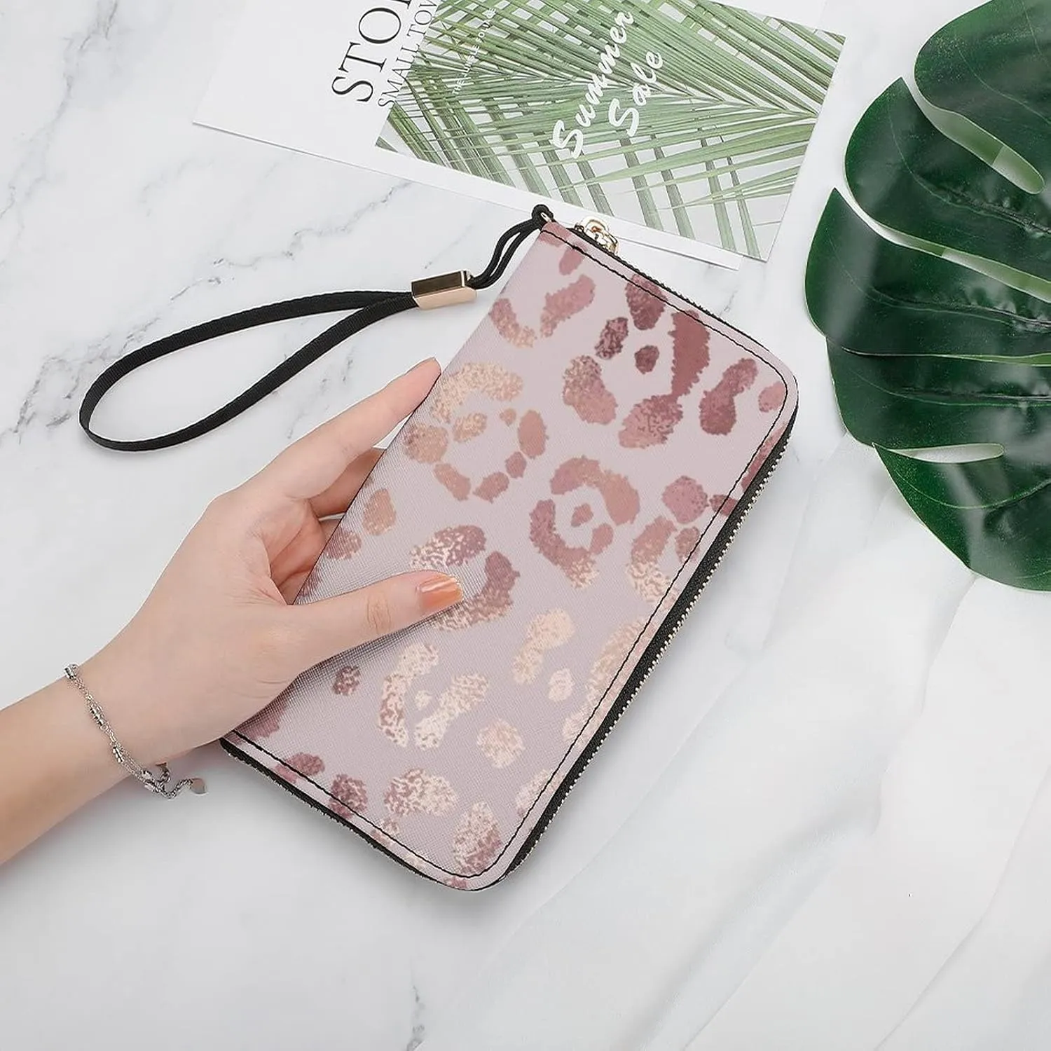 Donnapink Rose Gold Leopard Skin Long Clutch Wallet, Long Handbag with Removable Wristlet Strap, PU Leather Zip Purse, Credit Pass Case Card-Holder for Men Women