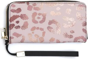 Donnapink Rose Gold Leopard Skin Long Clutch Wallet, Long Handbag with Removable Wristlet Strap, PU Leather Zip Purse, Credit Pass Case Card-Holder for Men Women