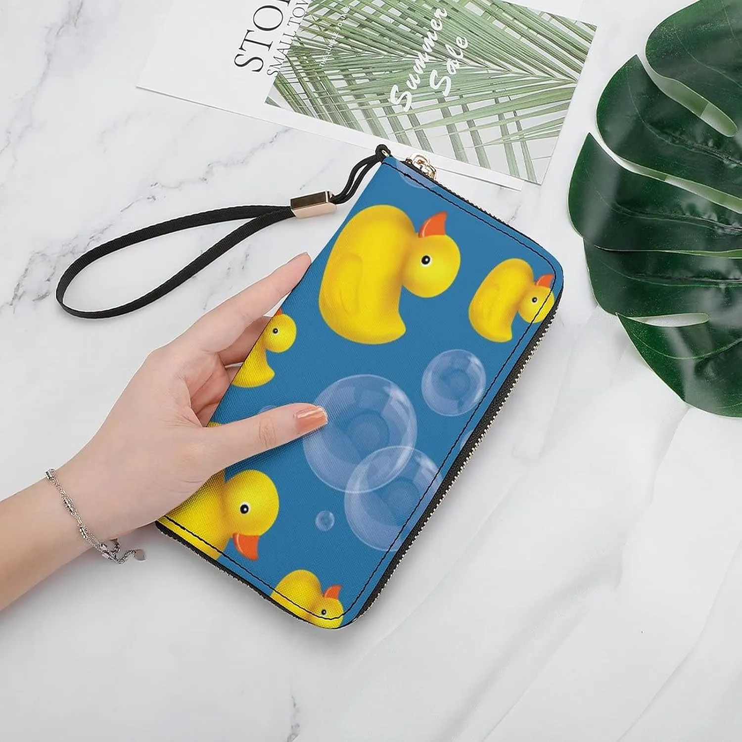 Donnapink Seamless Yellow Rubber Ducks Soap Bubbles on Blue Long Clutch Wallet, Long Handbag with Removable Wristlet Strap, PU Leather Zip Purse, Credit Pass Case Card-Holder for Men Women