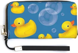 Donnapink Seamless Yellow Rubber Ducks Soap Bubbles on Blue Long Clutch Wallet, Long Handbag with Removable Wristlet Strap, PU Leather Zip Purse, Credit Pass Case Card-Holder for Men Women