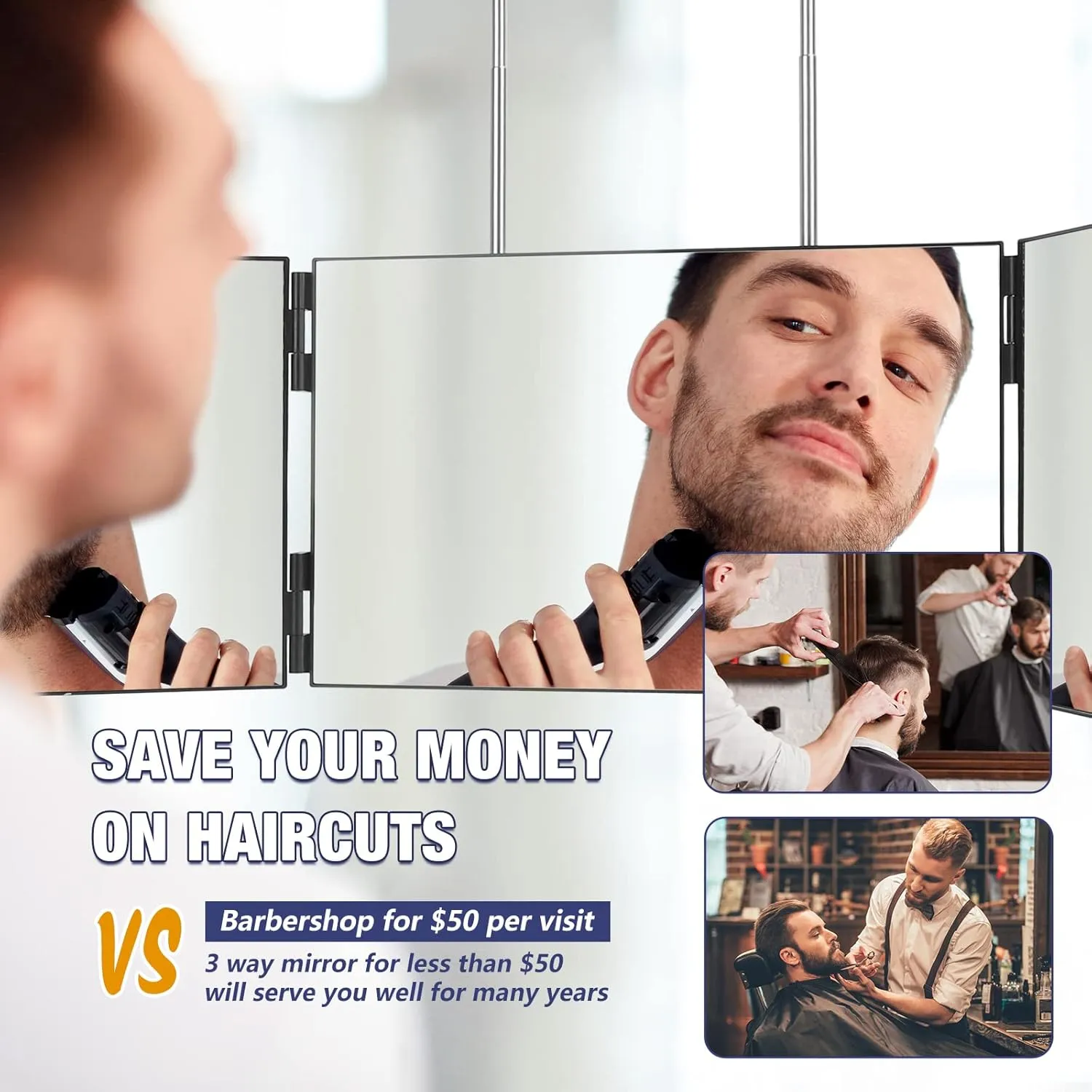 Dripex 3 Way Mirror for Self Hair Cutting, 360° Trifold Mirror with Height Adjustable Hooks, for Makeup, Styling, Shaving, Braiding, Dye Hair (Black Without LED)