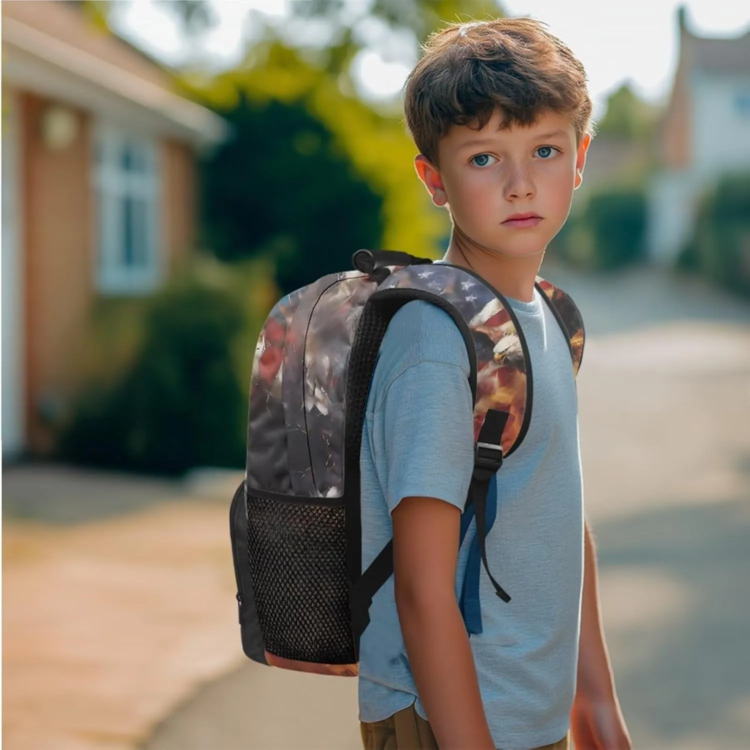 Eagle American Flag 3-Piece Boys Backpack Bundle 17in Bookbag Stylish Insulated Lunch Bag & Pen Organizer Lightweight School Backpacks for Back to School Gifts
