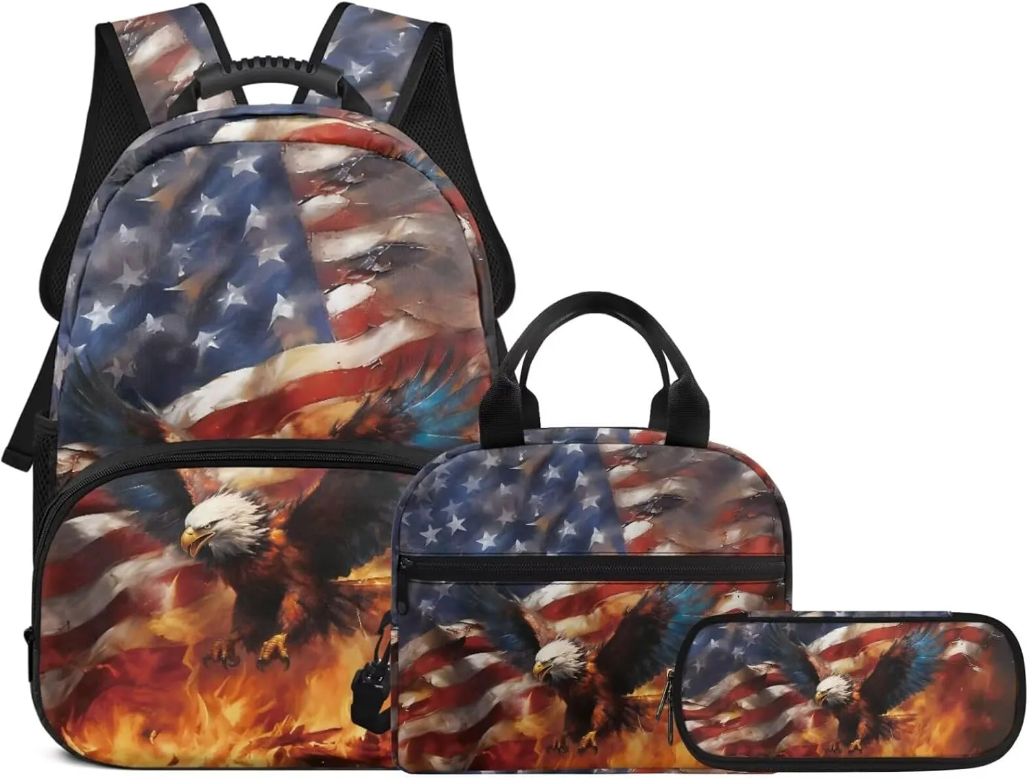 Eagle American Flag 3-Piece Boys Backpack Bundle 17in Bookbag Stylish Insulated Lunch Bag & Pen Organizer Lightweight School Backpacks for Back to School Gifts