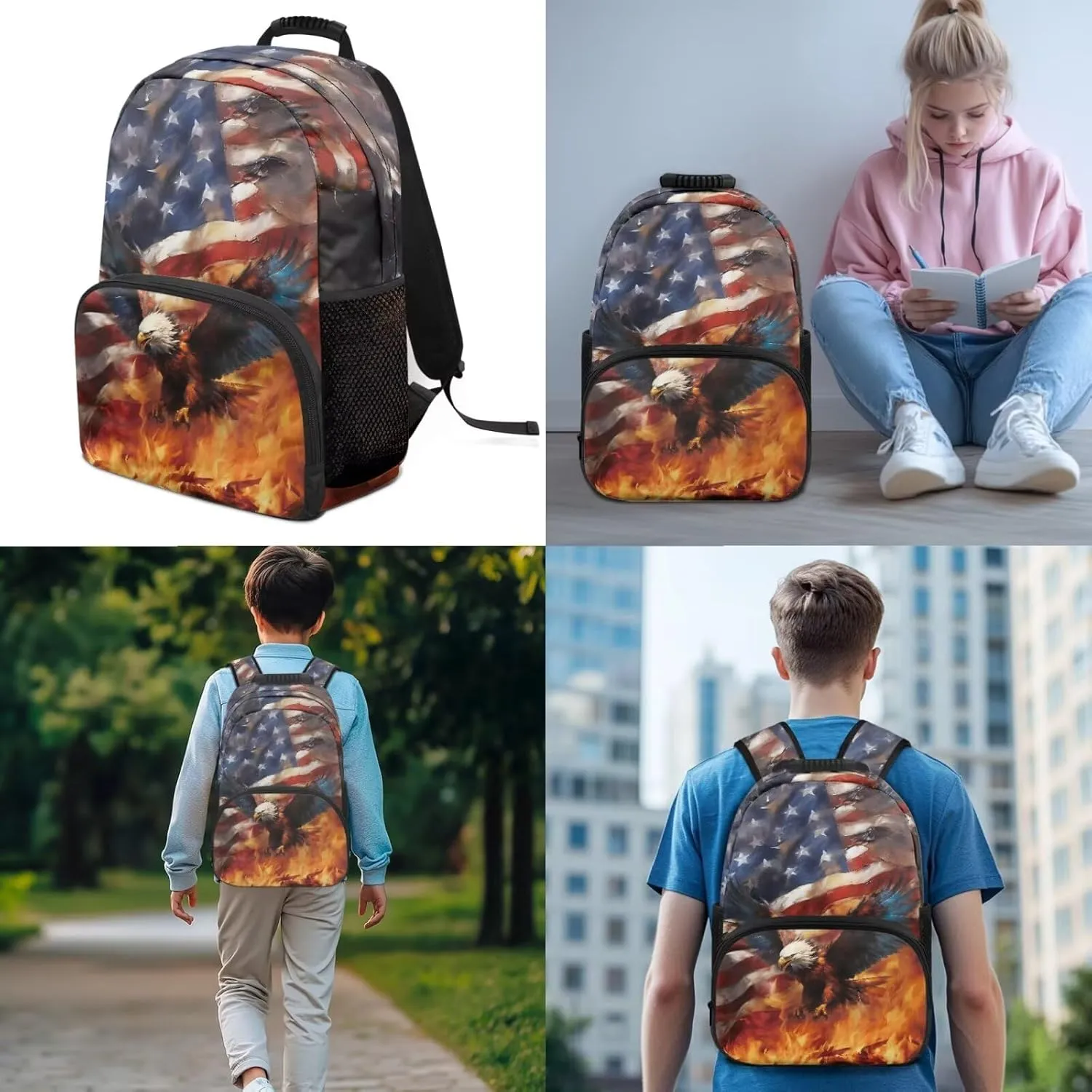 Eagle American Flag 3-Piece Boys Backpack Bundle 17in Bookbag Stylish Insulated Lunch Bag & Pen Organizer Lightweight School Backpacks for Back to School Gifts