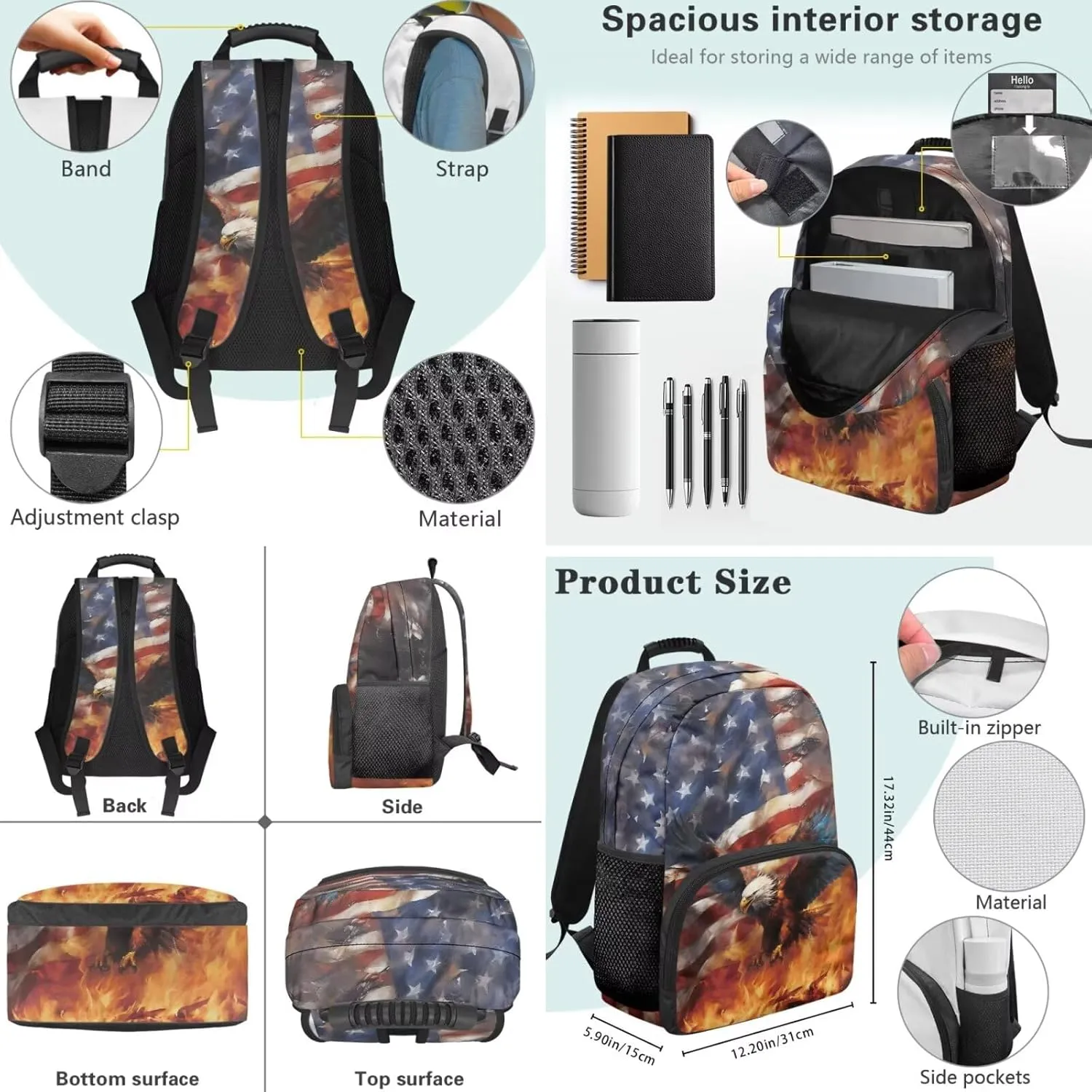 Eagle American Flag 3-Piece Boys Backpack Bundle 17in Bookbag Stylish Insulated Lunch Bag & Pen Organizer Lightweight School Backpacks for Back to School Gifts