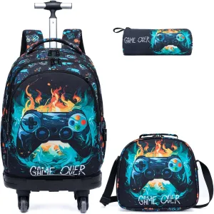 Egchescebo Kids Rolling Backpack for Boys Gamepad Suitcases Trolley Roller Luggage Backpacks with 360° Rotating Wheels 15" Laptop Lunch Box Pencil Case for Elementary 18” Travel School Bag Blue