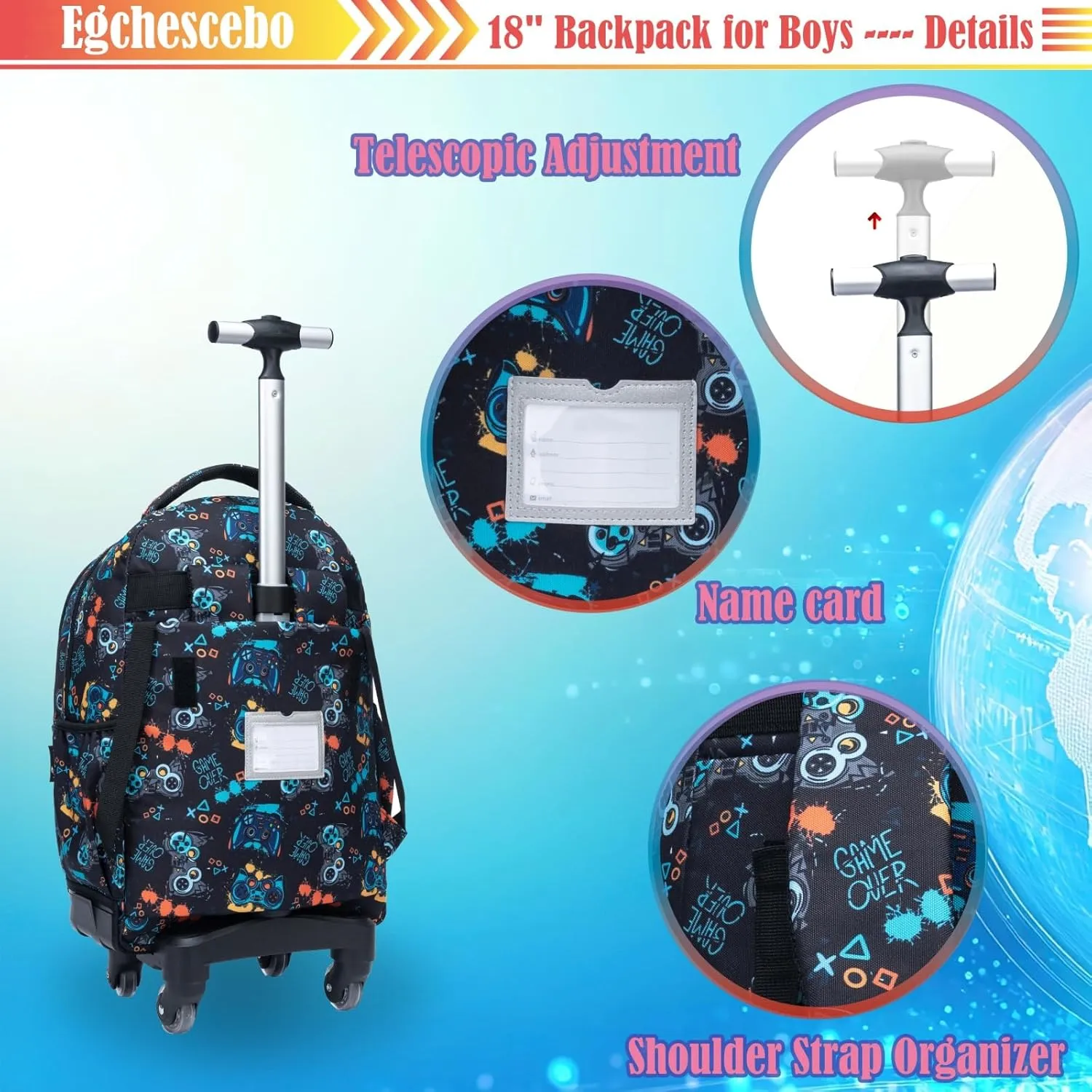 Egchescebo Kids Rolling Backpack for Boys Gamepad Suitcases Trolley Roller Luggage Backpacks with 360° Rotating Wheels 15" Laptop Lunch Box Pencil Case for Elementary 18” Travel School Bag Blue