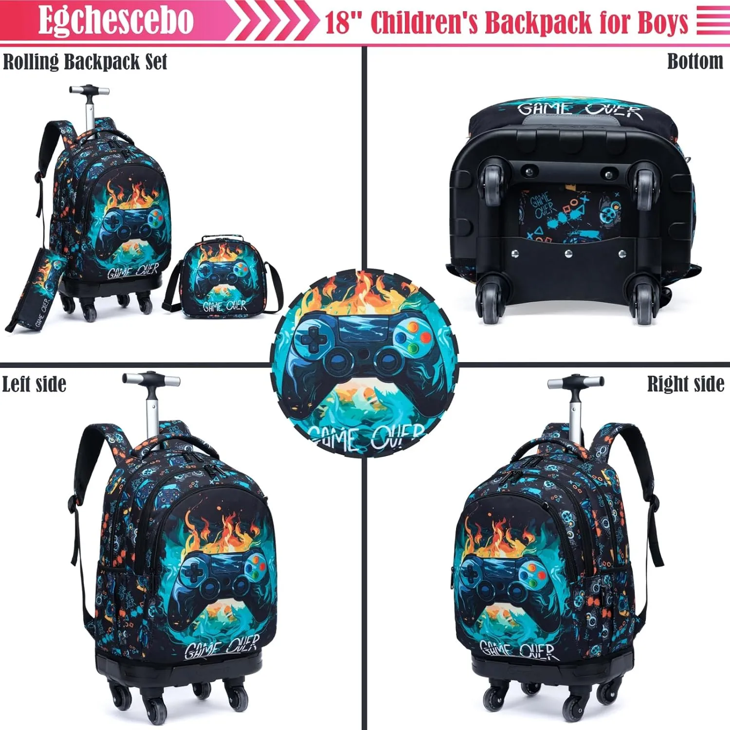 Egchescebo Kids Rolling Backpack for Boys Gamepad Suitcases Trolley Roller Luggage Backpacks with 360° Rotating Wheels 15" Laptop Lunch Box Pencil Case for Elementary 18” Travel School Bag Blue