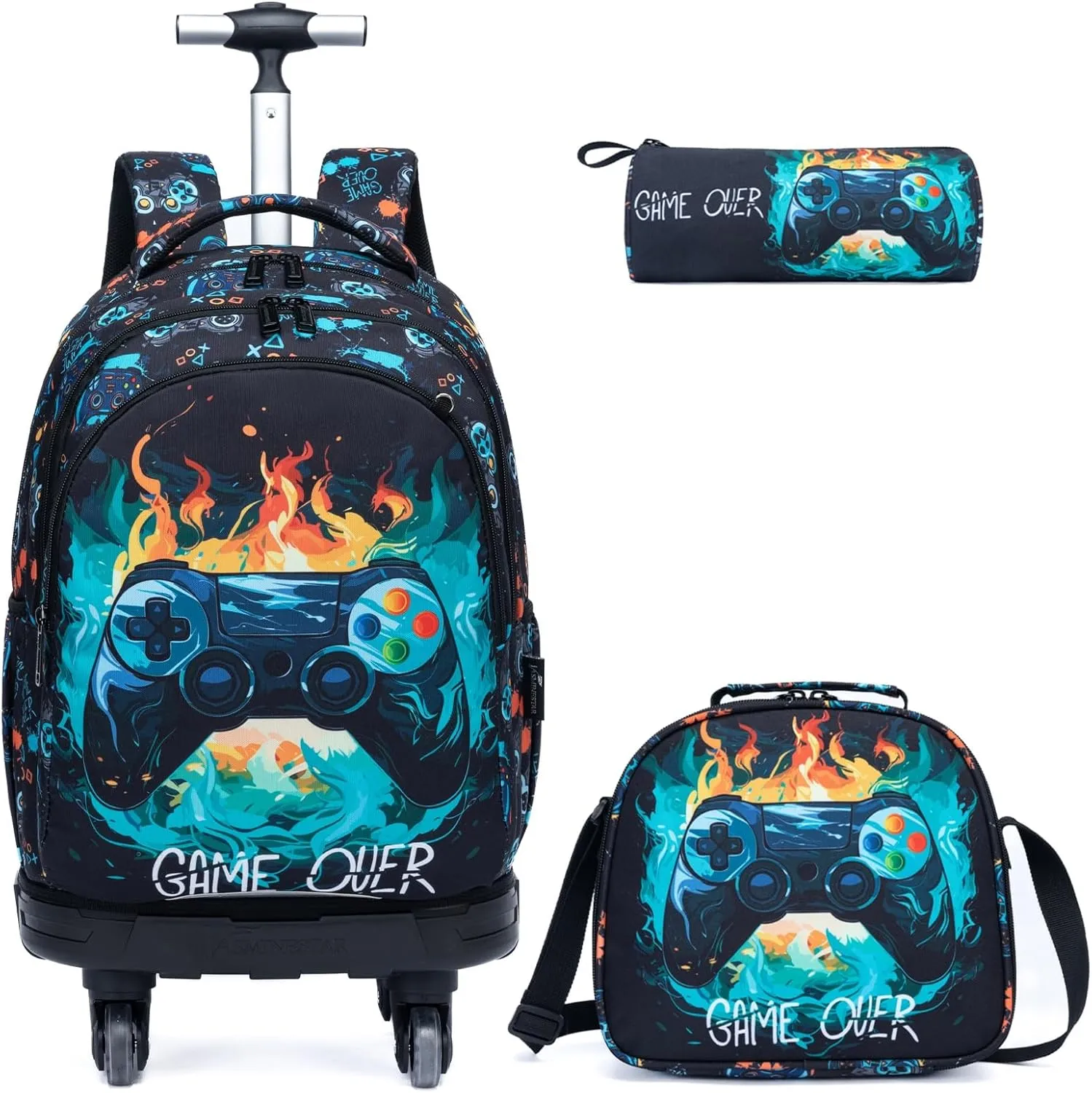 Egchescebo Kids Rolling Backpack for Boys Gamepad Suitcases Trolley Roller Luggage Backpacks with 360° Rotating Wheels 15" Laptop Lunch Box Pencil Case for Elementary 18” Travel School Bag Blue