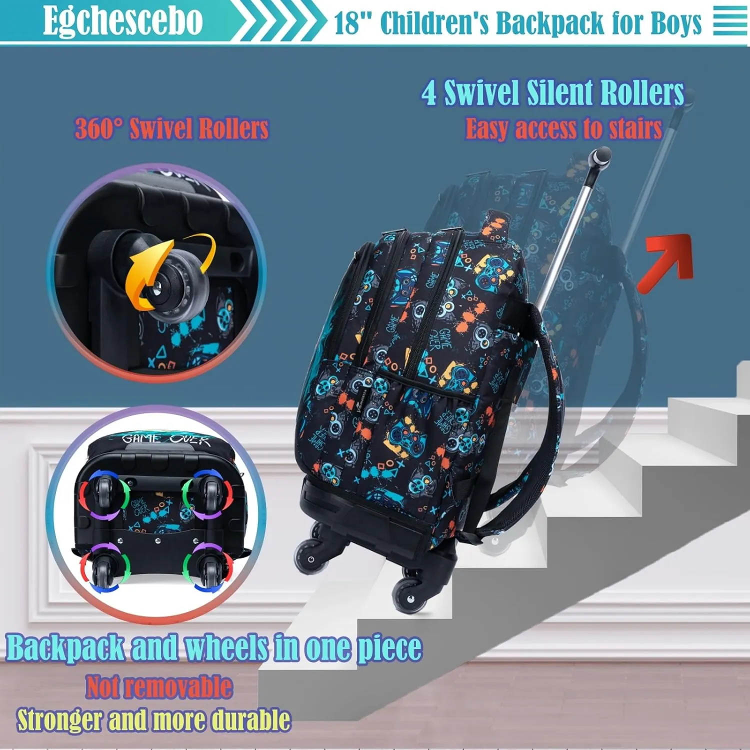 Egchescebo Kids Rolling Backpack for Boys Gamepad Suitcases Trolley Roller Luggage Backpacks with 360° Rotating Wheels 15" Laptop Lunch Box Pencil Case for Elementary 18” Travel School Bag Blue