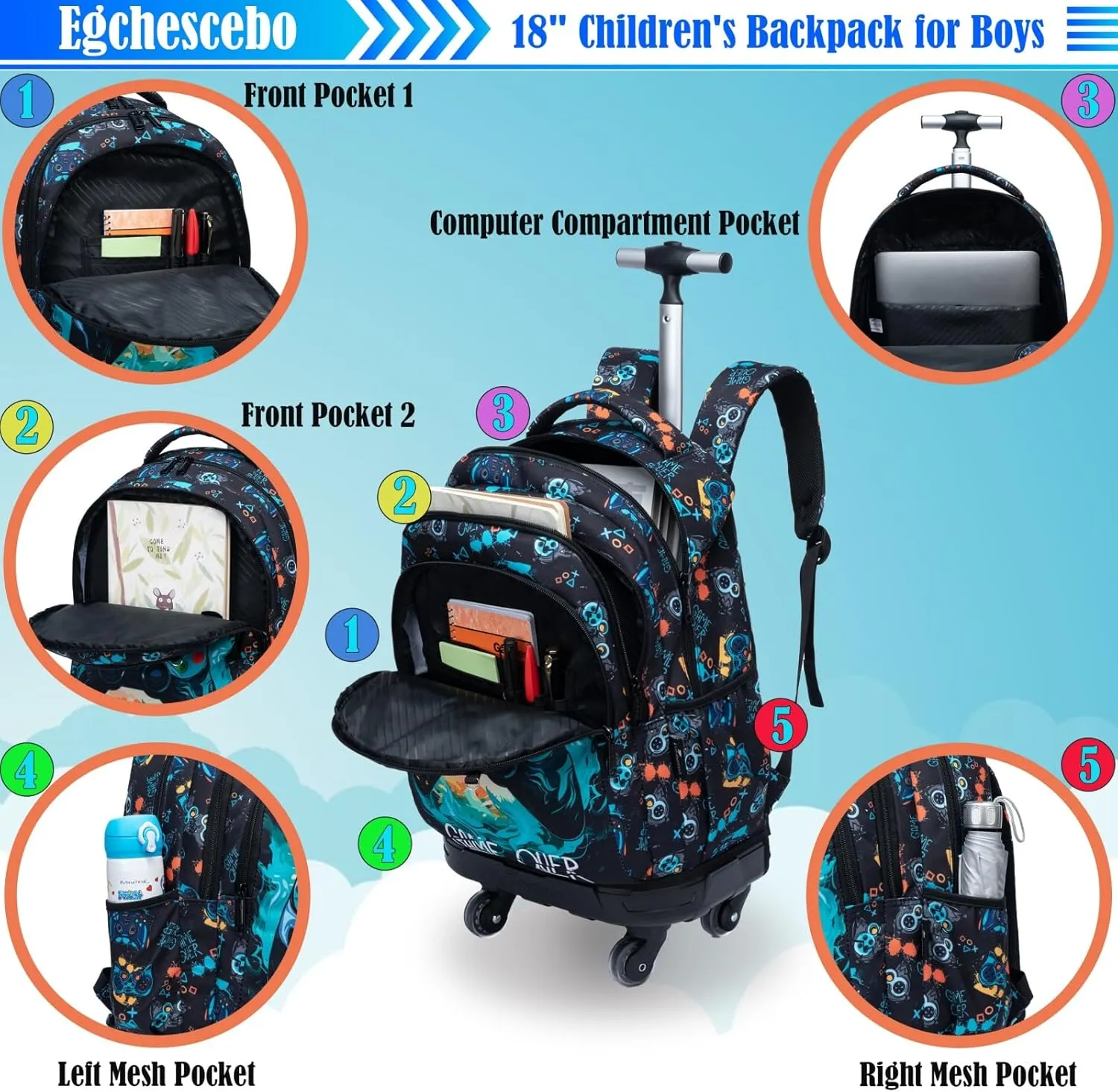 Egchescebo Kids Rolling Backpack for Boys Gamepad Suitcases Trolley Roller Luggage Backpacks with 360° Rotating Wheels 15" Laptop Lunch Box Pencil Case for Elementary 18” Travel School Bag Blue
