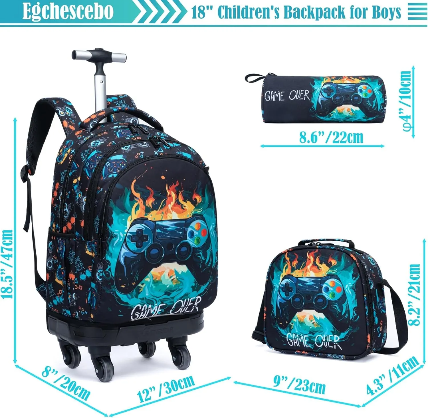Egchescebo Kids Rolling Backpack for Boys Gamepad Suitcases Trolley Roller Luggage Backpacks with 360° Rotating Wheels 15" Laptop Lunch Box Pencil Case for Elementary 18” Travel School Bag Blue