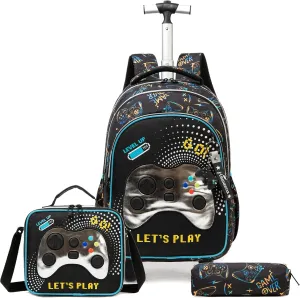 Egchescebo Kids Rolling Games Backpack for Boys Trolley Suitcases Luggage Travel with Wheels Bookbag Wheeled 17" 3PCS Roller Backpacks Toddler Tote Bag Back Pack School Bags Set Elementary Blue