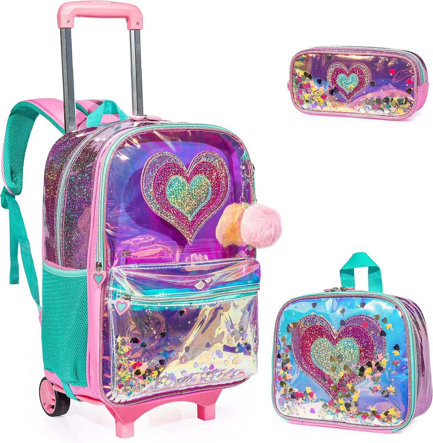 Egchescebo kids Rolling Kid Travel Toddler Duffle Bag Hearts Detachable Backpack for Girls Carry Luggage Roller Computer Suitcase with Pencil Case Lunch Box Wheels Wheeled Clear Backpacks Girls Pink