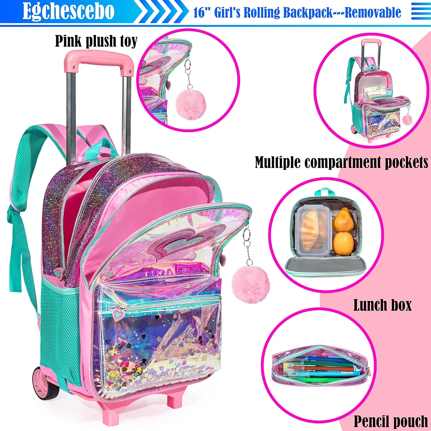 Egchescebo kids Rolling Kid Travel Toddler Duffle Bag Hearts Detachable Backpack for Girls Carry Luggage Roller Computer Suitcase with Pencil Case Lunch Box Wheels Wheeled Clear Backpacks Girls Pink