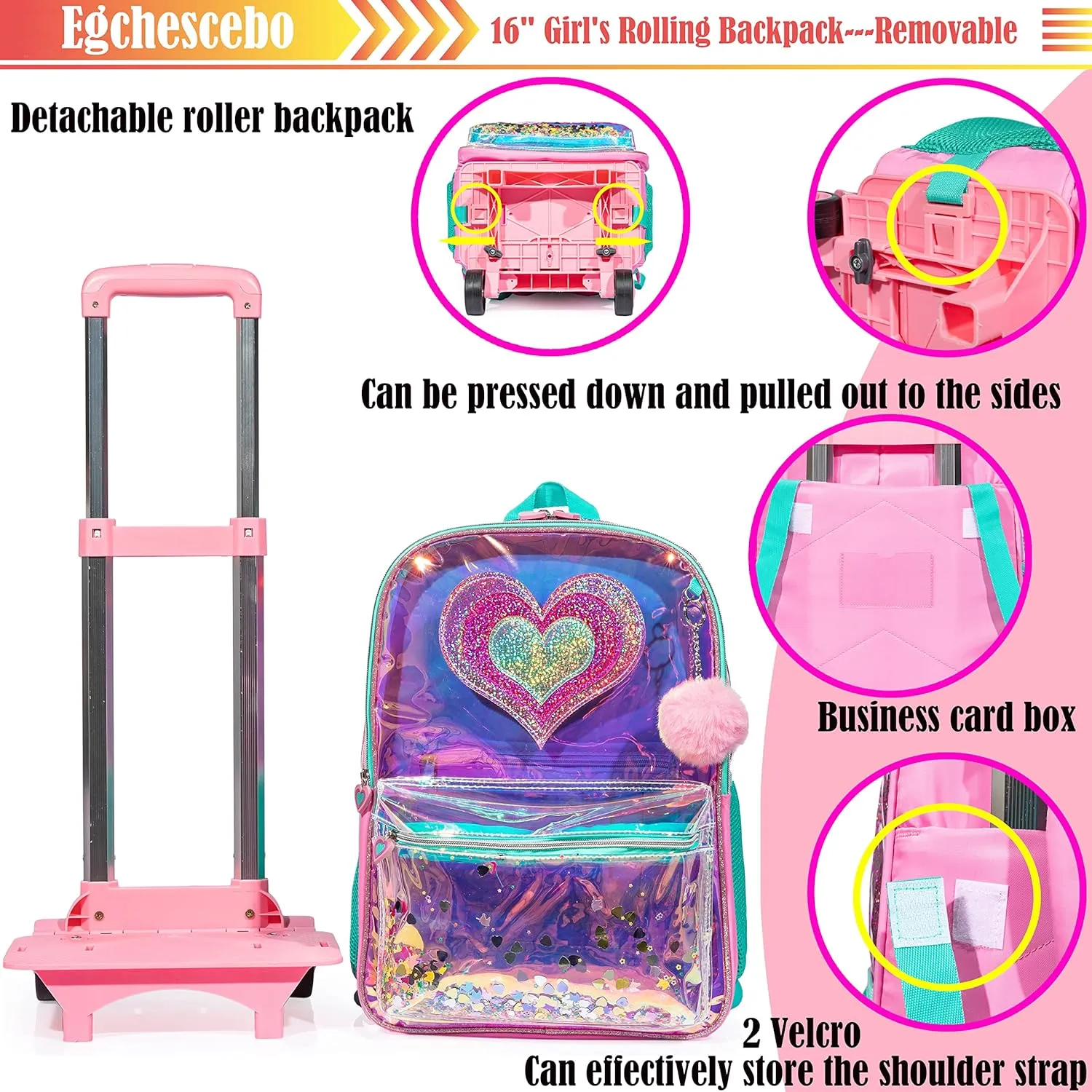 Egchescebo kids Rolling Kid Travel Toddler Duffle Bag Hearts Detachable Backpack for Girls Carry Luggage Roller Computer Suitcase with Pencil Case Lunch Box Wheels Wheeled Clear Backpacks Girls Pink