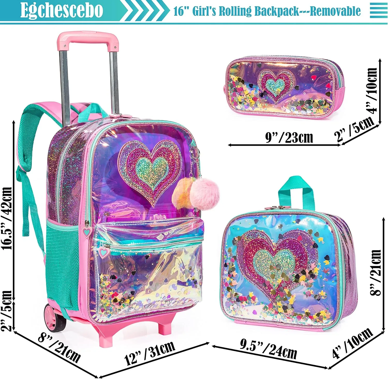 Egchescebo kids Rolling Kid Travel Toddler Duffle Bag Hearts Detachable Backpack for Girls Carry Luggage Roller Computer Suitcase with Pencil Case Lunch Box Wheels Wheeled Clear Backpacks Girls Pink