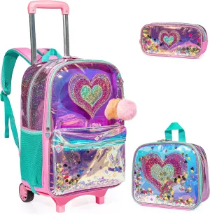 Egchescebo kids Rolling Kid Travel Toddler Duffle Bag Hearts Detachable Backpack for Girls Carry Luggage Roller Computer Suitcase with Pencil Case Lunch Box Wheels Wheeled Clear Backpacks Girls Pink