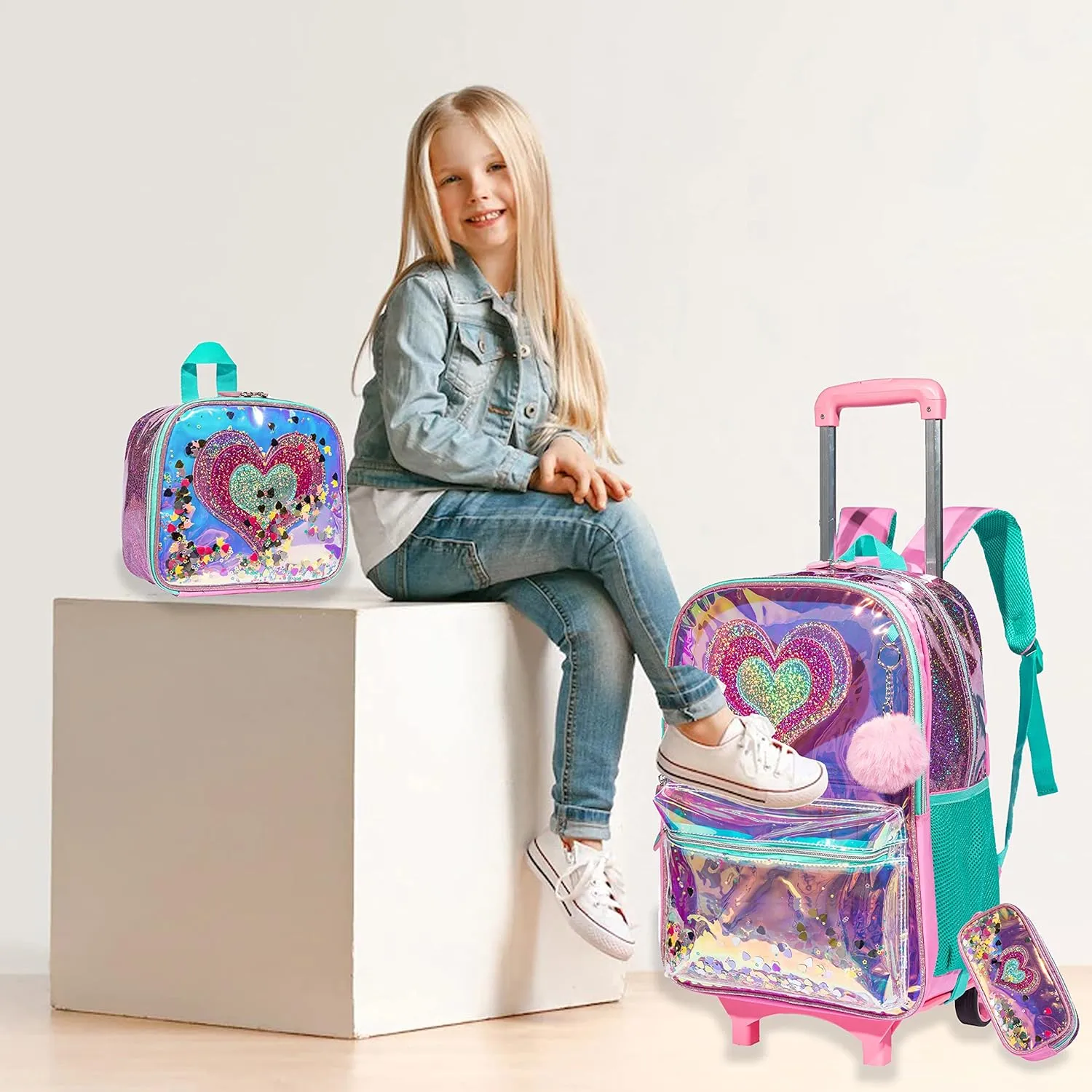 Egchescebo kids Rolling Kid Travel Toddler Duffle Bag Hearts Detachable Backpack for Girls Carry Luggage Roller Computer Suitcase with Pencil Case Lunch Box Wheels Wheeled Clear Backpacks Girls Pink