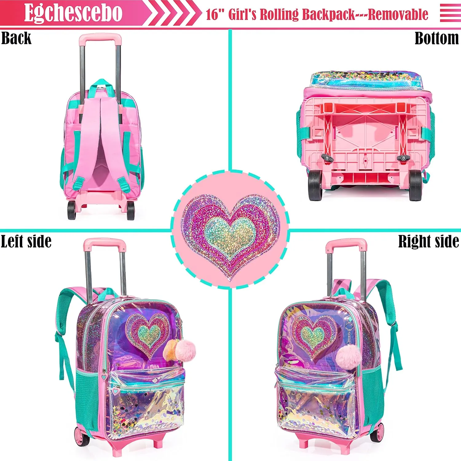 Egchescebo kids Rolling Kid Travel Toddler Duffle Bag Hearts Detachable Backpack for Girls Carry Luggage Roller Computer Suitcase with Pencil Case Lunch Box Wheels Wheeled Clear Backpacks Girls Pink
