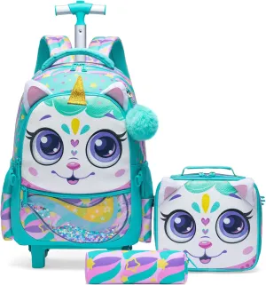 Egchescebo Kids Rolling Unicorn Backpack for Girls Trolley Suitcases Luggage Travel with Wheels Bookbag Wheeled 17" 3PCS Roller Backpacks Set Toddler Back Pack School Bags for Elementary Green