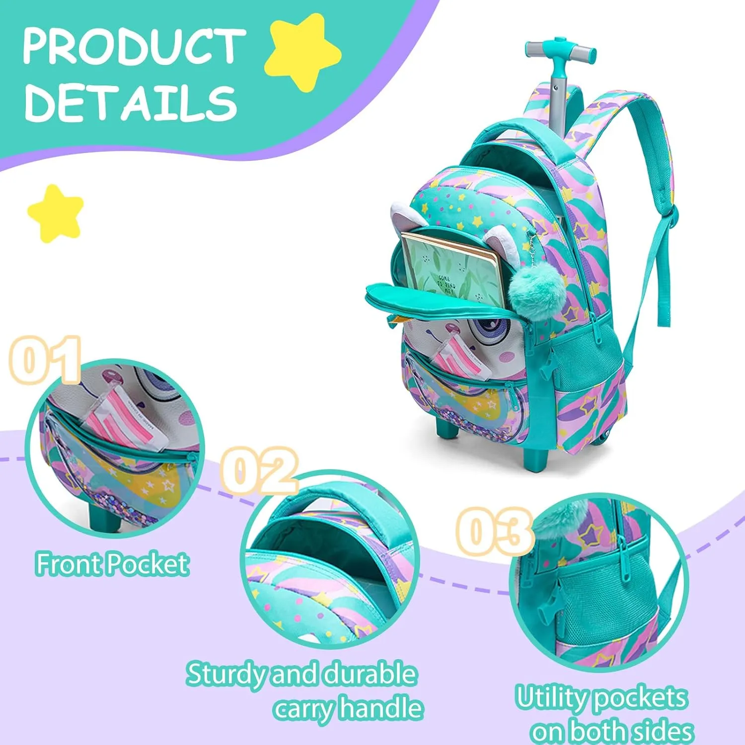 Egchescebo Kids Rolling Unicorn Backpack for Girls Trolley Suitcases Luggage Travel with Wheels Bookbag Wheeled 17" 3PCS Roller Backpacks Set Toddler Back Pack School Bags for Elementary Green