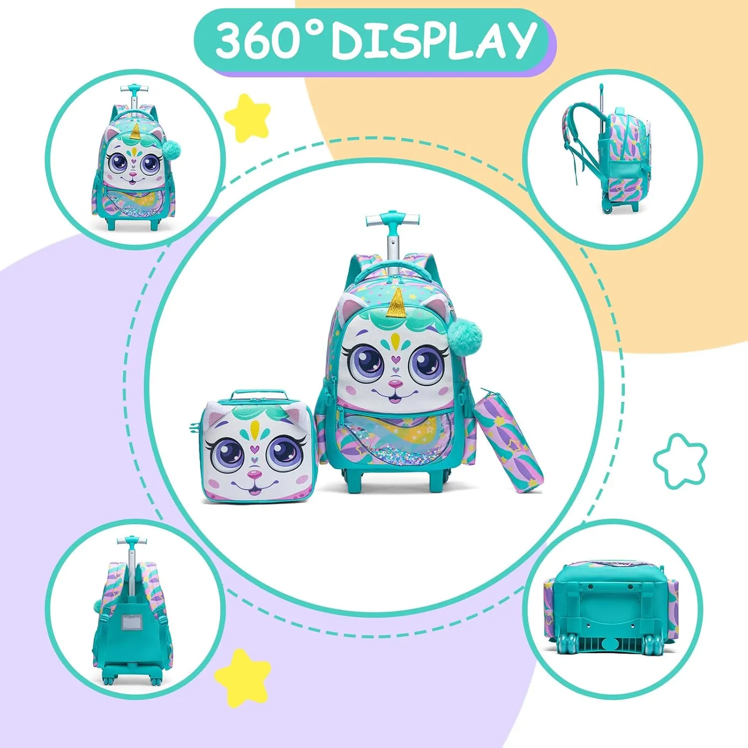 Egchescebo Kids Rolling Unicorn Backpack for Girls Trolley Suitcases Luggage Travel with Wheels Bookbag Wheeled 17" 3PCS Roller Backpacks Set Toddler Back Pack School Bags for Elementary Green