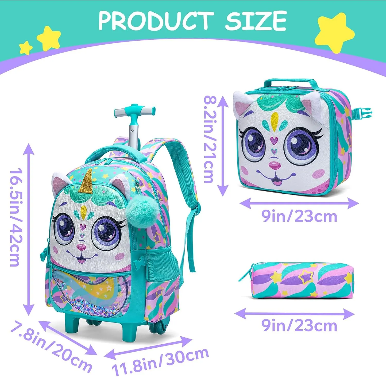 Egchescebo Kids Rolling Unicorn Backpack for Girls Trolley Suitcases Luggage Travel with Wheels Bookbag Wheeled 17" 3PCS Roller Backpacks Set Toddler Back Pack School Bags for Elementary Green