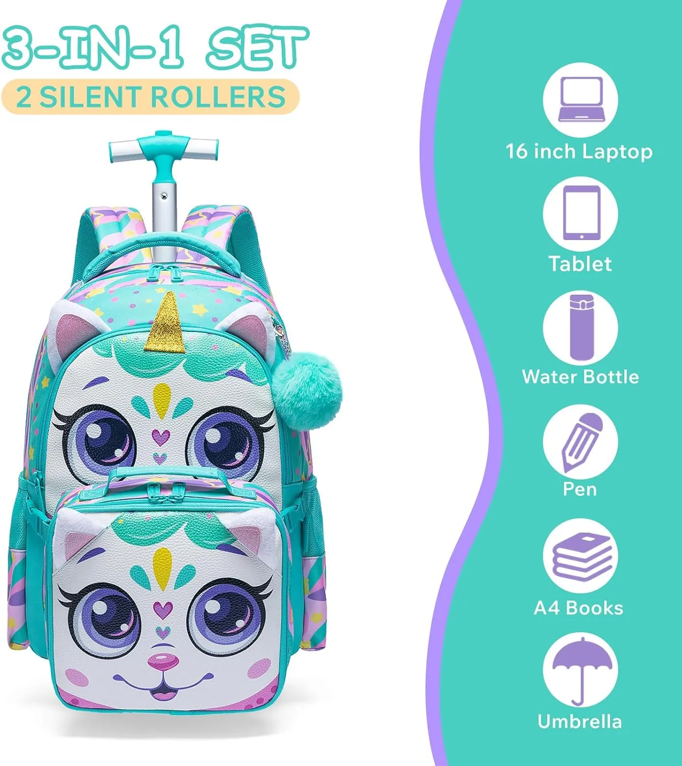 Egchescebo Kids Rolling Unicorn Backpack for Girls Trolley Suitcases Luggage Travel with Wheels Bookbag Wheeled 17" 3PCS Roller Backpacks Set Toddler Back Pack School Bags for Elementary Green