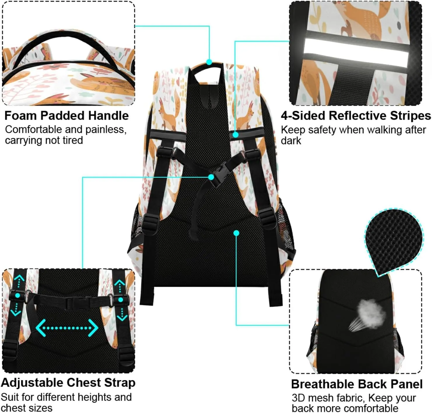Eionryn Lovely Seamless Pattern with Cute Foxes and Flowers Backpack Floral Animal Fox Laptop Backpacks Book Bags Water Resistant Daypack Durable College Shoulder Bag Sports Travel Day Pack