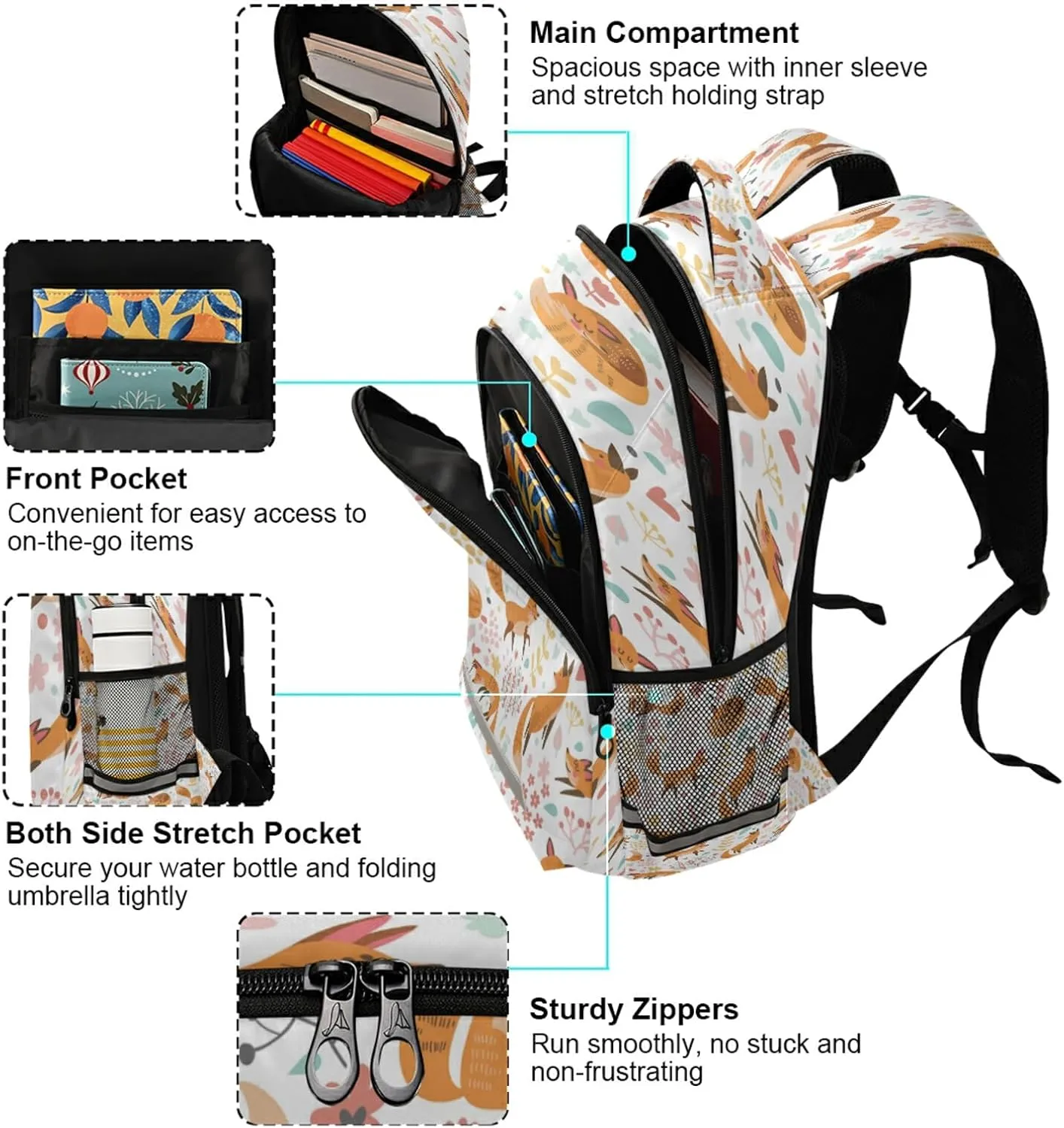 Eionryn Lovely Seamless Pattern with Cute Foxes and Flowers Backpack Floral Animal Fox Laptop Backpacks Book Bags Water Resistant Daypack Durable College Shoulder Bag Sports Travel Day Pack