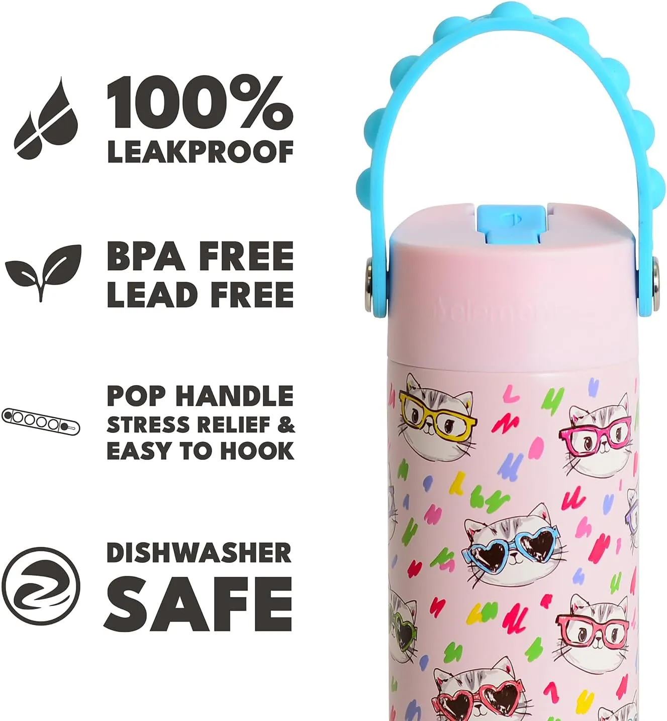 Elemental Insulated Kids Water Bottle, Stainless Steel Water Bottle with Straw Lid & Pop-It Handle, Leak-Proof Water Bottles for School, Boys or Girls, Travelling and Sports, 18oz - Stylish Cat