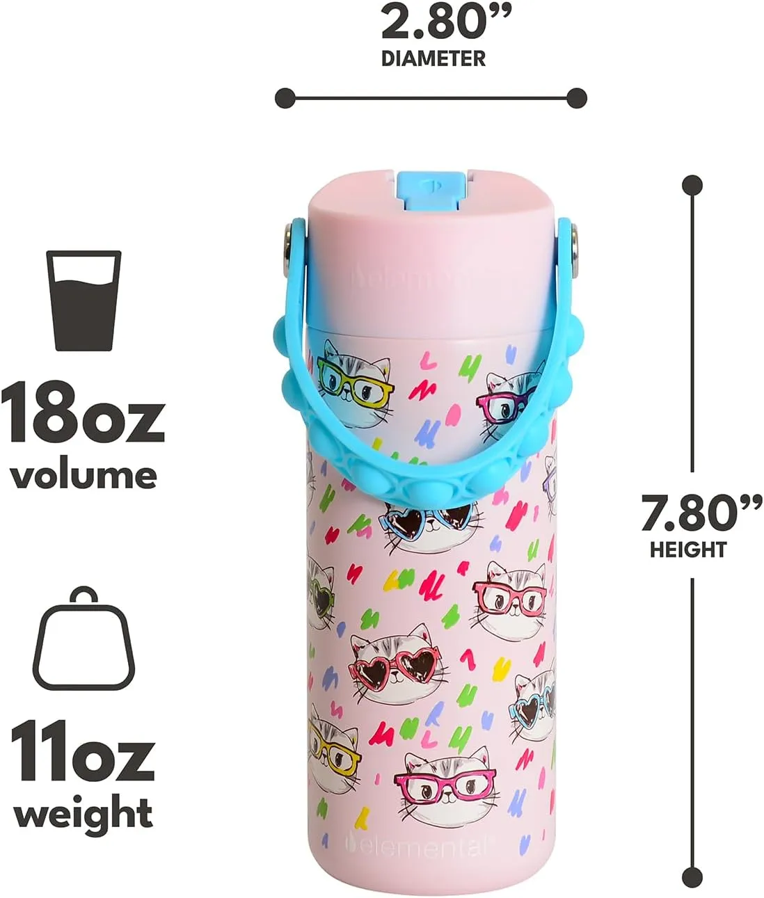 Elemental Insulated Kids Water Bottle, Stainless Steel Water Bottle with Straw Lid & Pop-It Handle, Leak-Proof Water Bottles for School, Boys or Girls, Travelling and Sports, 18oz - Stylish Cat