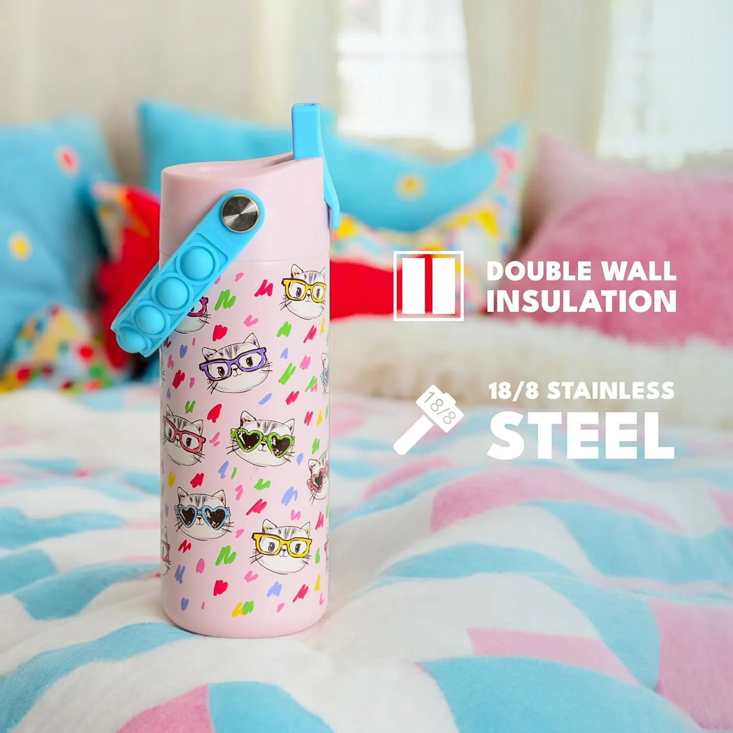 Elemental Insulated Kids Water Bottle, Stainless Steel Water Bottle with Straw Lid & Pop-It Handle, Leak-Proof Water Bottles for School, Boys or Girls, Travelling and Sports, 18oz - Stylish Cat