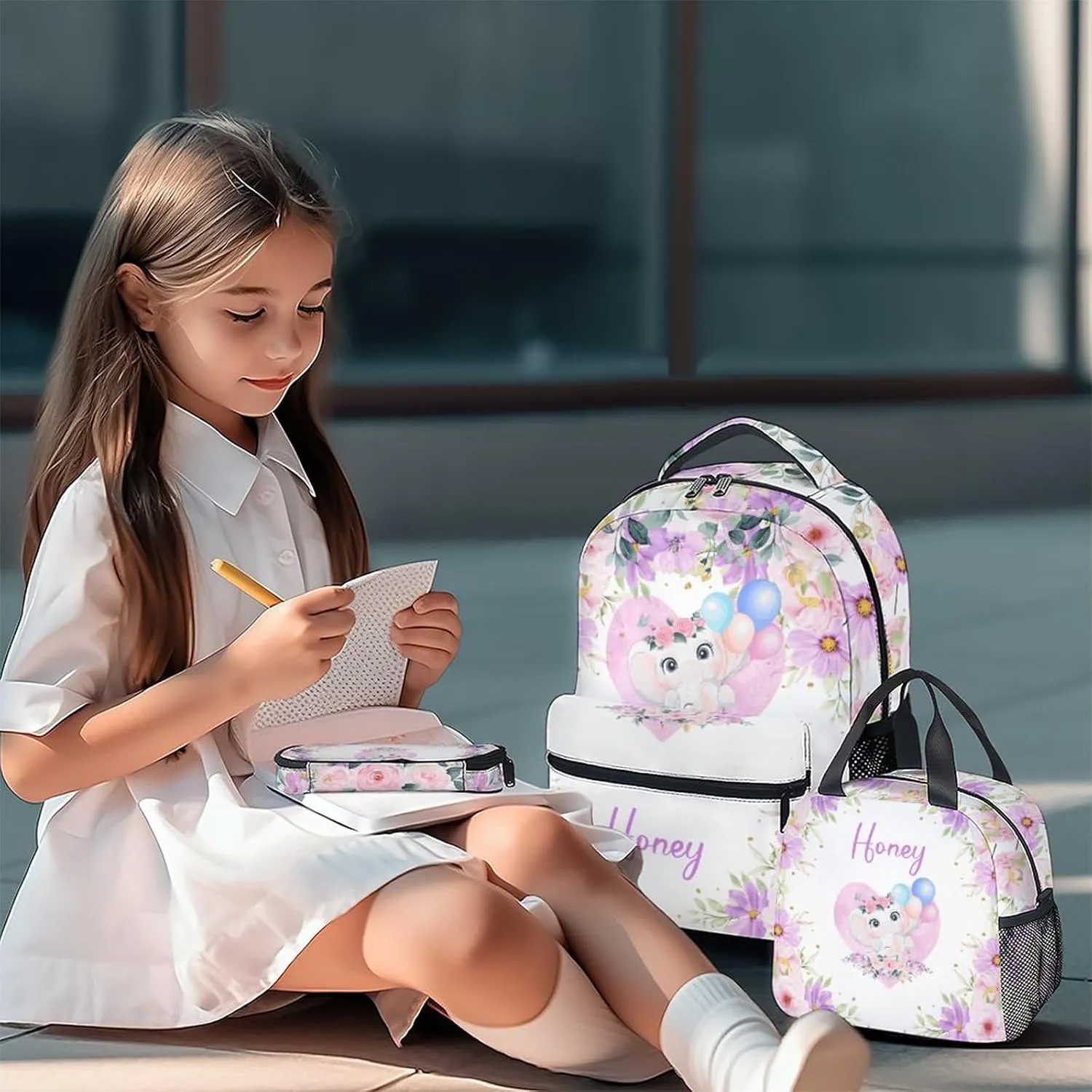 Elephant Backpack with Lunch Box Set for Girls - 3 in 1 Primary Middle School Backpacks Matching Combo - Large Capacity, Durable, Lightweight, Purple Bookbag and Pencil Case Bundle