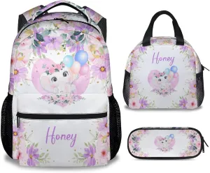Elephant Backpack with Lunch Box Set for Girls - 3 in 1 Primary Middle School Backpacks Matching Combo - Large Capacity, Durable, Lightweight, Purple Bookbag and Pencil Case Bundle