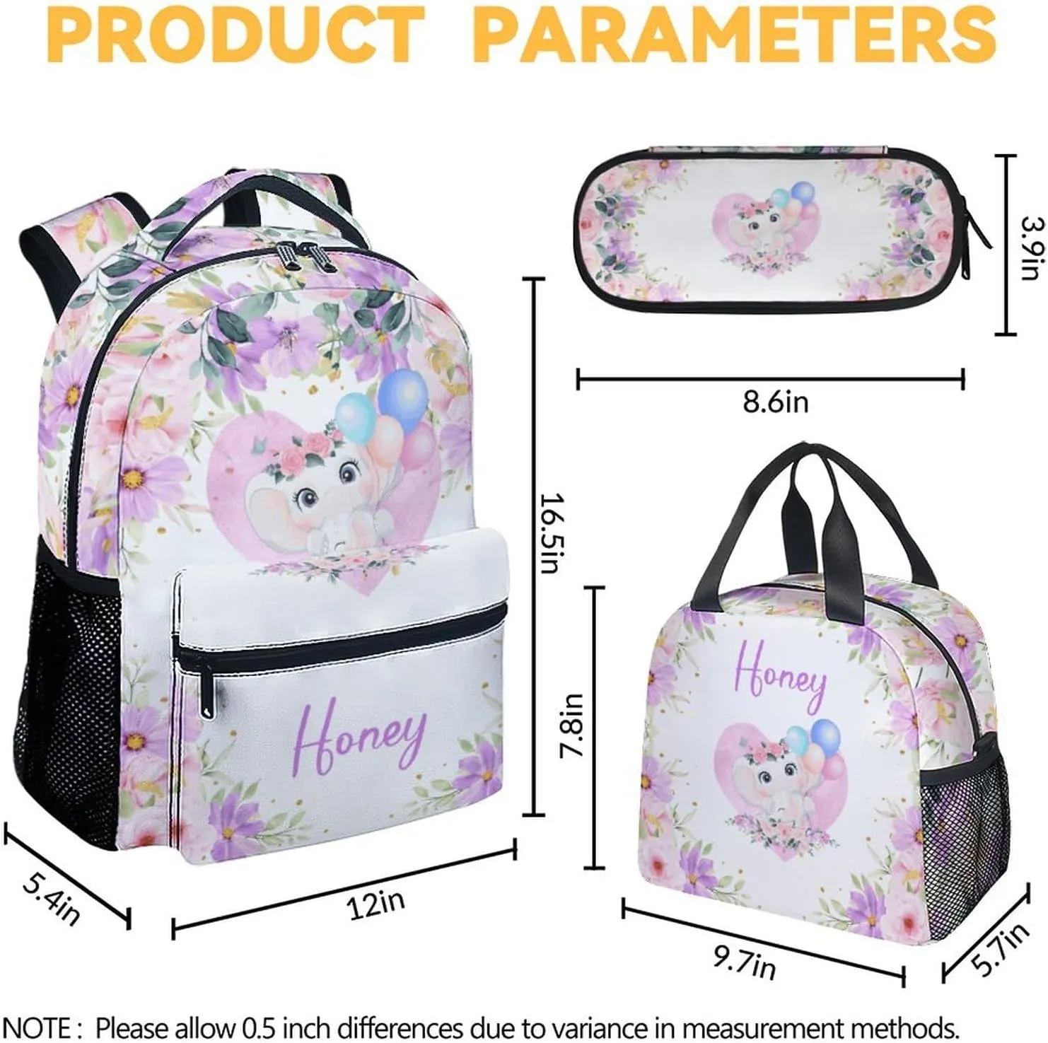 Elephant Backpack with Lunch Box Set for Girls - 3 in 1 Primary Middle School Backpacks Matching Combo - Large Capacity, Durable, Lightweight, Purple Bookbag and Pencil Case Bundle