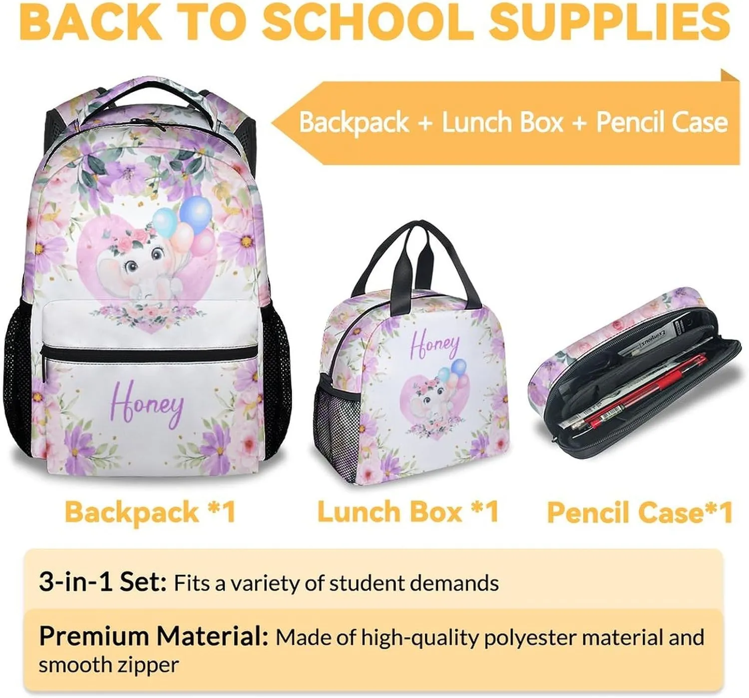 Elephant Backpack with Lunch Box Set for Girls - 3 in 1 Primary Middle School Backpacks Matching Combo - Large Capacity, Durable, Lightweight, Purple Bookbag and Pencil Case Bundle