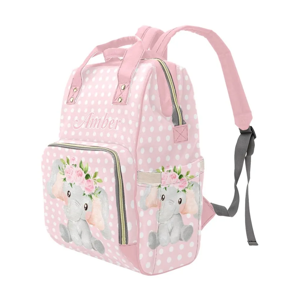 Elephant Polka Dot Pink Diaper Bags Backpack with Name Personalized Baby Bag Nursing Nappy Bag Travel Tote Bag Gifts