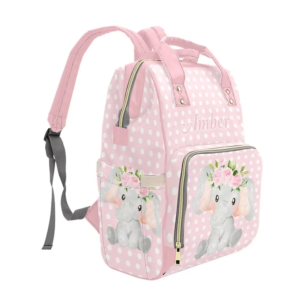 Elephant Polka Dot Pink Diaper Bags Backpack with Name Personalized Baby Bag Nursing Nappy Bag Travel Tote Bag Gifts