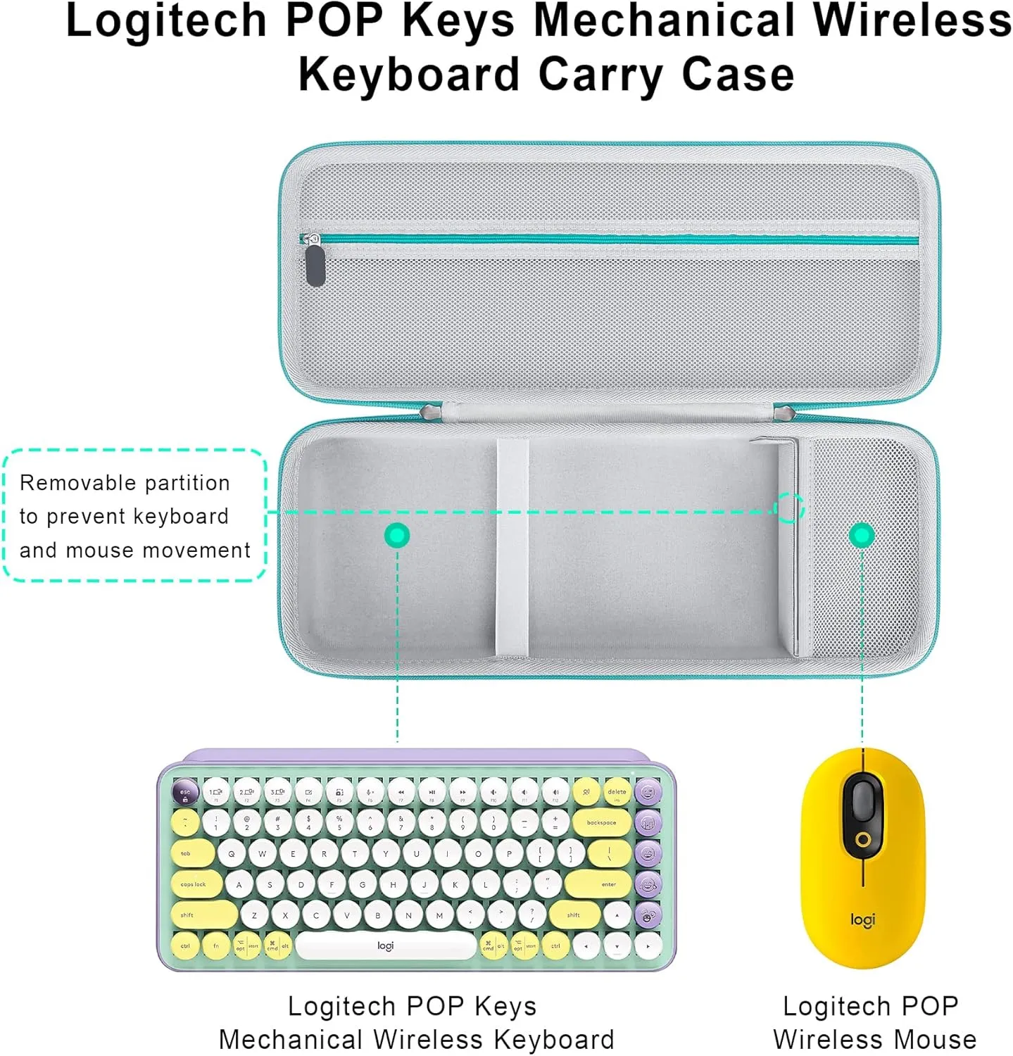 Elonbo Hard Carrying Case for Logitech POP Keys Mechanical Wireless Keyboard, Portable Bluetooth Wireless External Keyboard Travel Case Bag, Extra Mesh Pocket Fits Mouse Included USB Dongle,Turquoise