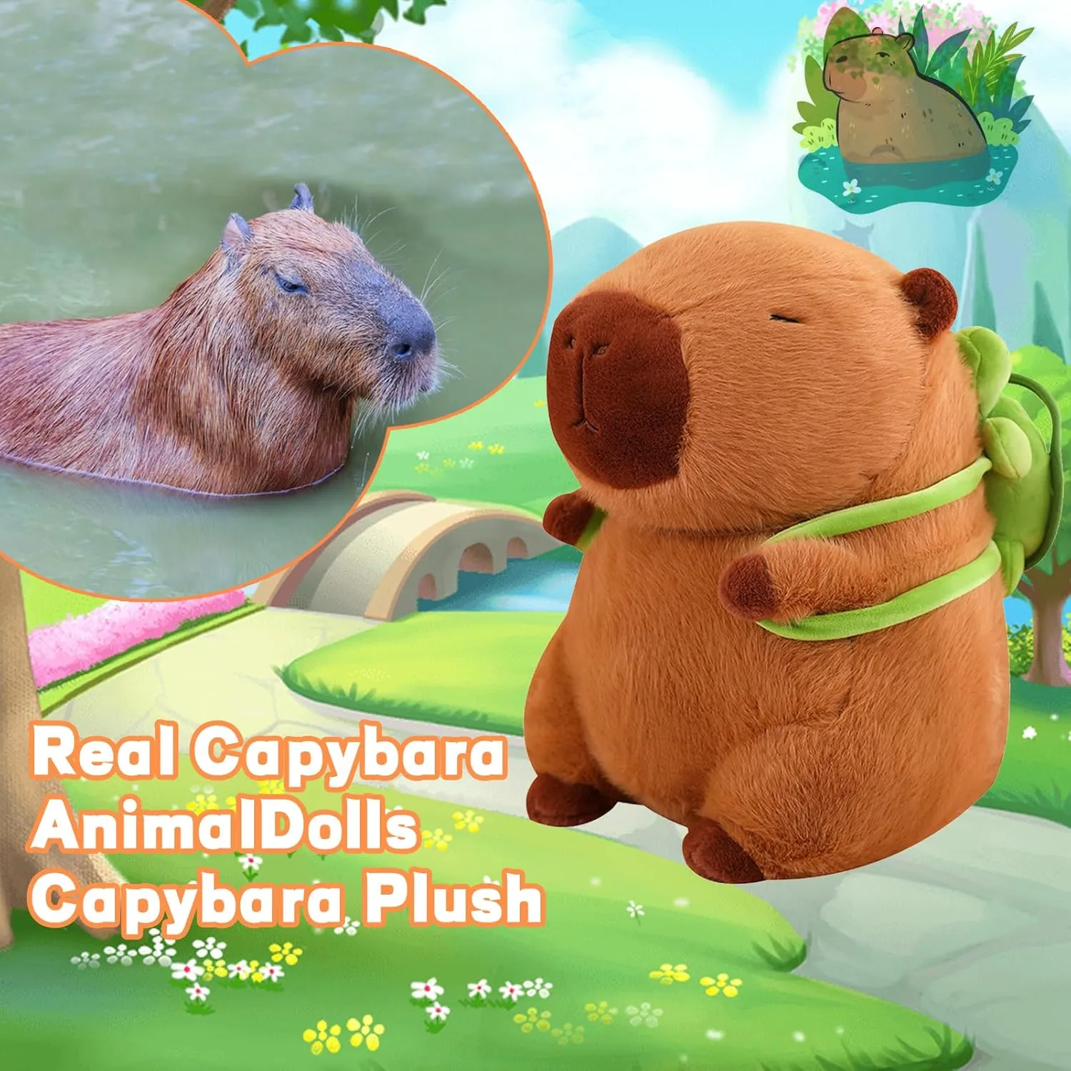 Emoin Cute Capybara Plush Toys Baby Girls Toys 13.8Inch Soft Capybara Stuffed Animals with Turtle Backpack Plushie Doll Birthday Gifts for Toddlers