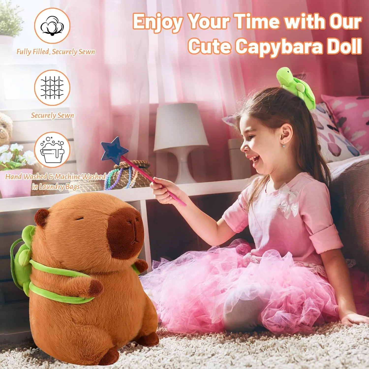 Emoin Cute Capybara Plush Toys Baby Girls Toys 13.8Inch Soft Capybara Stuffed Animals with Turtle Backpack Plushie Doll Birthday Gifts for Toddlers