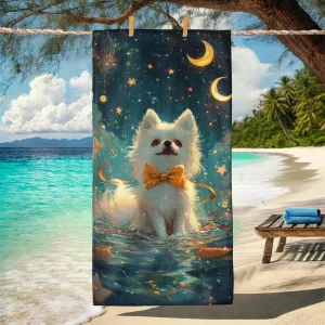 Fanciful White Pomeranian Beach Towel Cute Dog Print Microfiber, Quick Dry Soft Absorbent Sand Free Towel for Beach Pool Travel Picnic Essentials 62x31 Inch