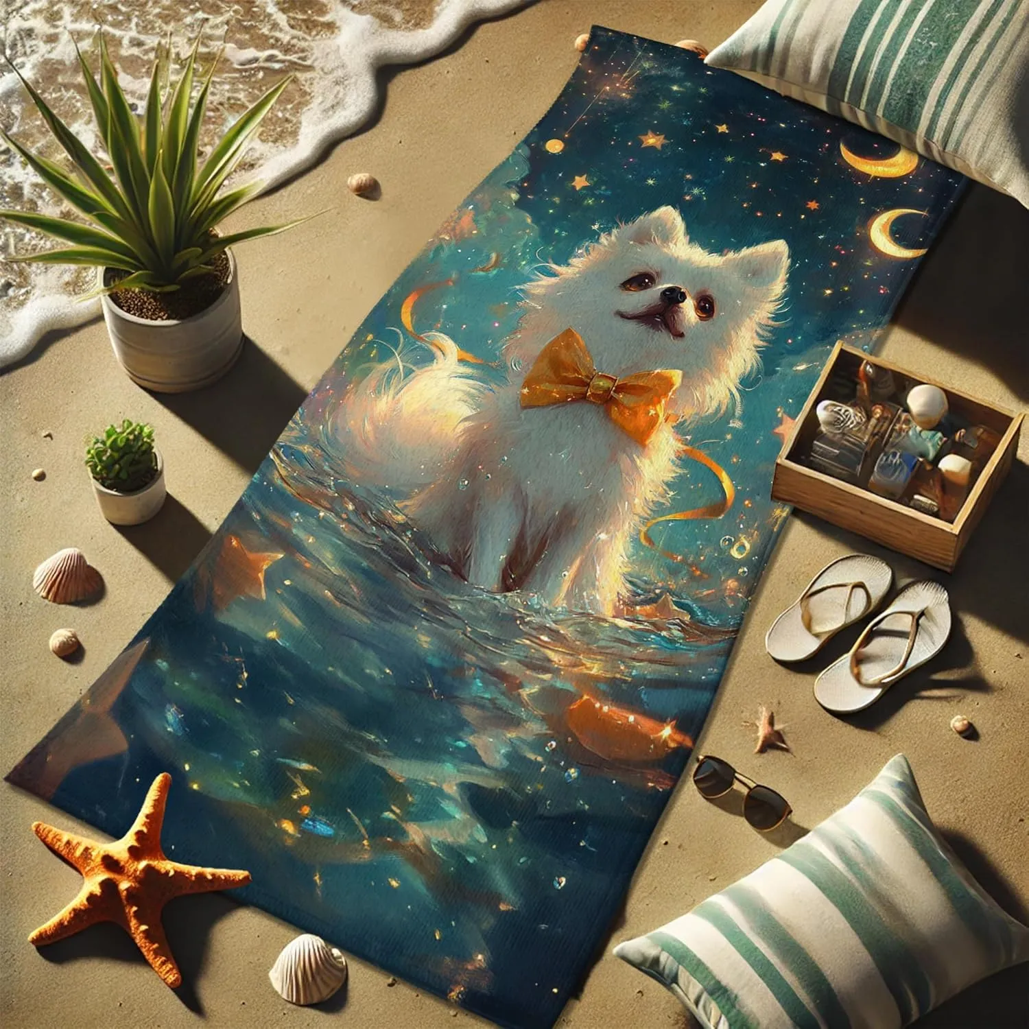 Fanciful White Pomeranian Beach Towel Cute Dog Print Microfiber, Quick Dry Soft Absorbent Sand Free Towel for Beach Pool Travel Picnic Essentials 62x31 Inch