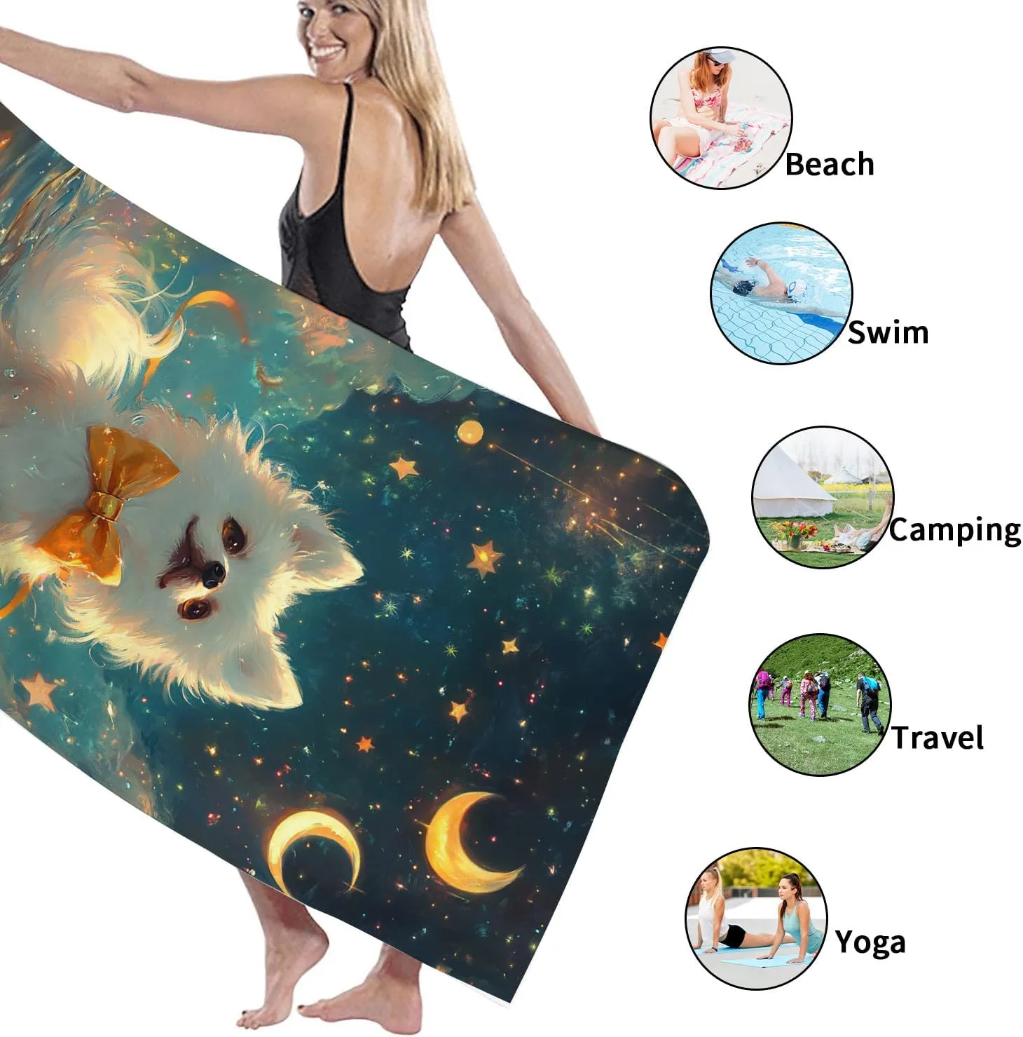Fanciful White Pomeranian Beach Towel Cute Dog Print Microfiber, Quick Dry Soft Absorbent Sand Free Towel for Beach Pool Travel Picnic Essentials 62x31 Inch