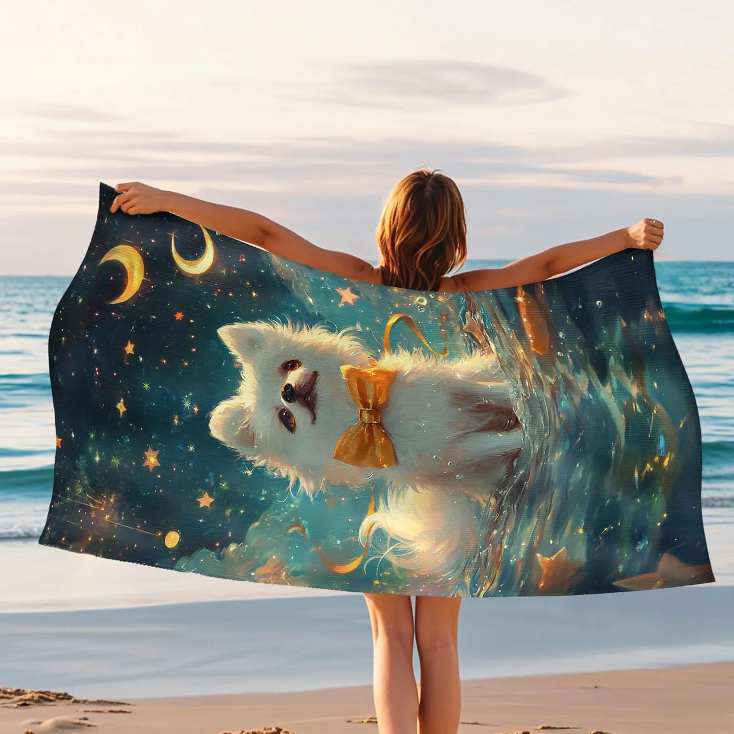 Fanciful White Pomeranian Beach Towel Cute Dog Print Microfiber, Quick Dry Soft Absorbent Sand Free Towel for Beach Pool Travel Picnic Essentials 62x31 Inch